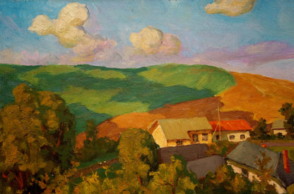 Oil painting of village life in vibrant green golden fields by unknown artist