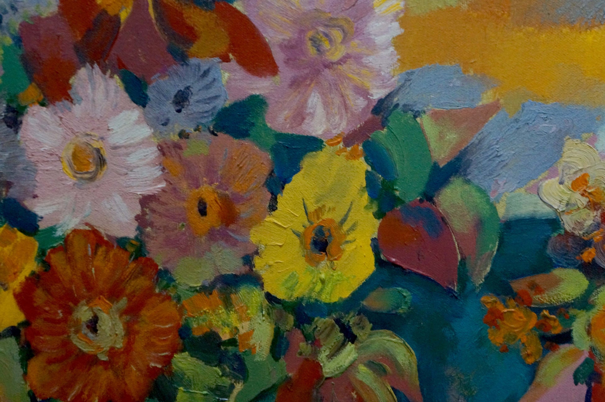 Vibrant impressionist oil painting of flowers on blue canvas by Evgeny Fedko