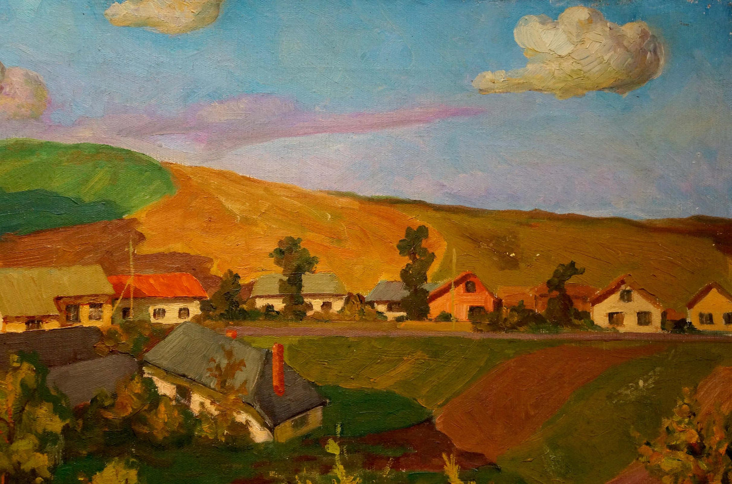 Oil painting of rustic village life in fields by unknown artist