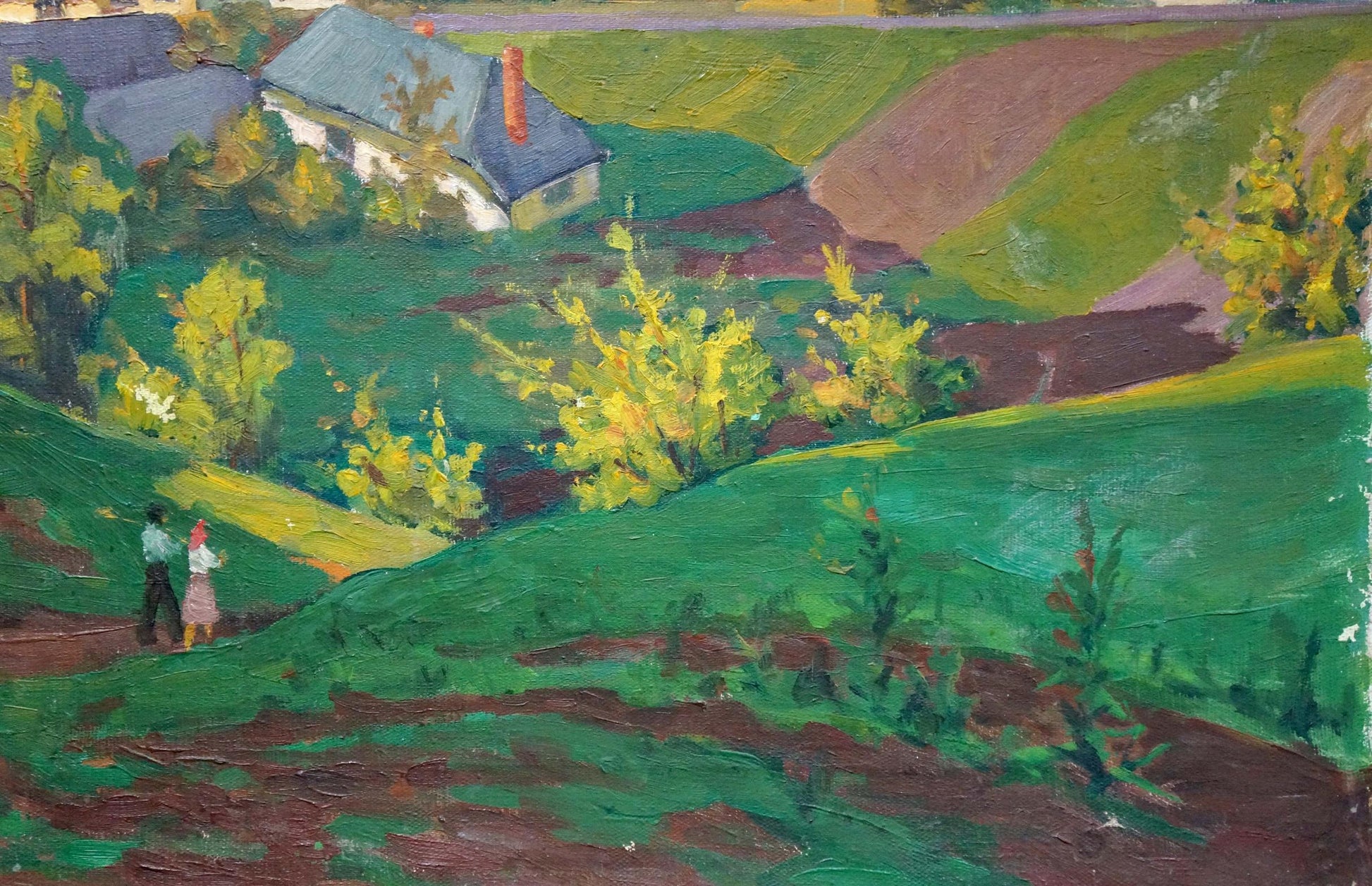 Vibrant impressionist oil painting of village life in green fields by unknown artist