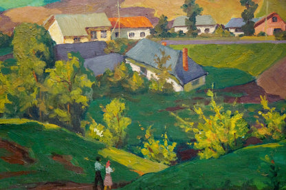Vibrant oil painting of village life in lush green fields by unknown artist