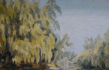 Oil painting Quiet Morning by Dukhnovsky Nikolay Ivanovich, serene riverside willows