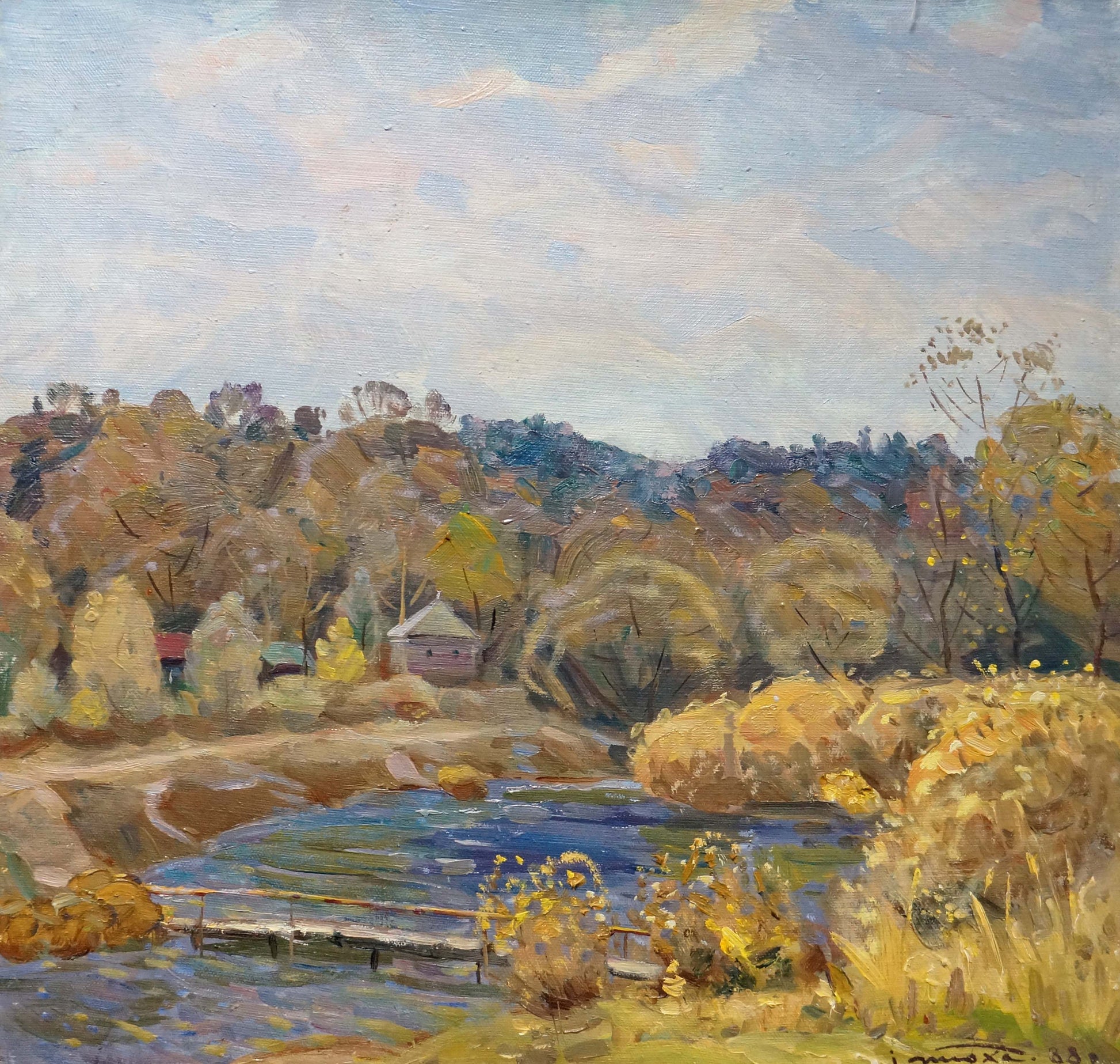 Oil painting Autumn Tyukha by Ivan Andreevich: serene river, golden foliage