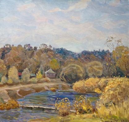 Oil painting Autumn Tyukha by Ivan Andreevich: serene river, golden foliage