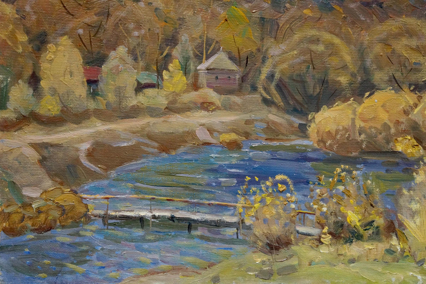 Autumn oil painting by Tyukha Ivan Andreevich: serene river, golden foliage, rustic bridge