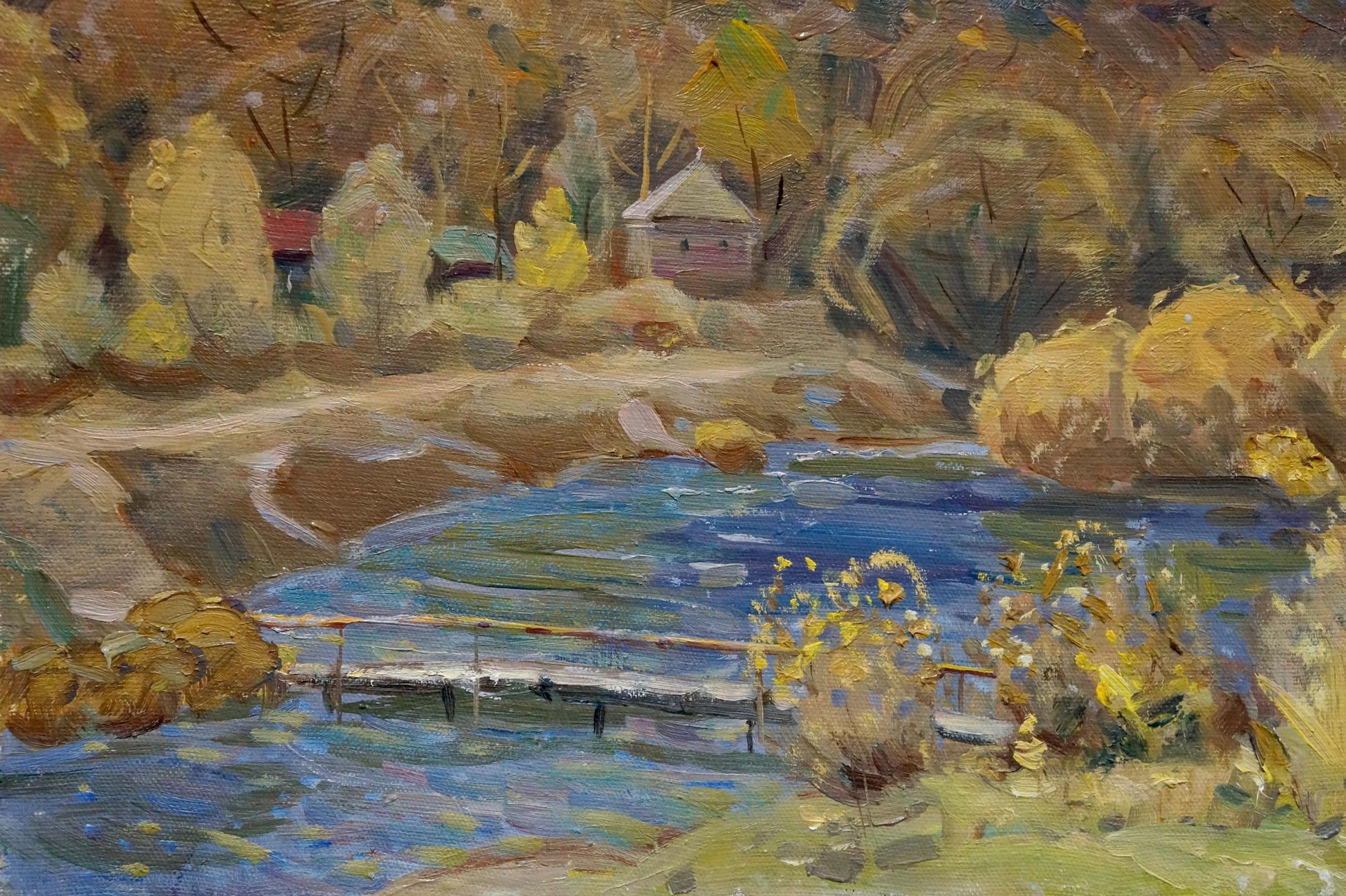 Autumn oil painting by Tyukha Ivan Andreevich: serene river, golden foliage, rustic bridge