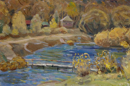 Autumn oil painting by Tyukha Ivan Andreevich: serene river, golden foliage, rustic bridge