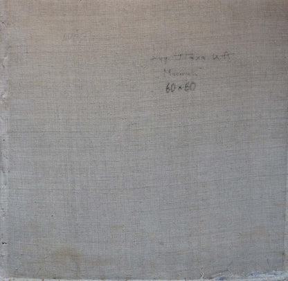 Back of Oil painting Autumn Tyukha Ivan Andreevich on gray linen canvas with inscription and dimensions