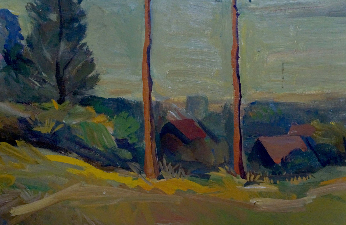 Oil painting by Chekov Leonid Dmitrievich: impressionist trees and village hills