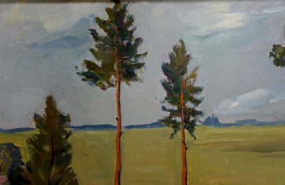 Oil painting by Chekov Leonid Dmitrievich: tall pines over yellow-green field