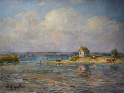 Oil painting by Kucherov Alexander Alexandrovich: serene chapel on sandy bay shore