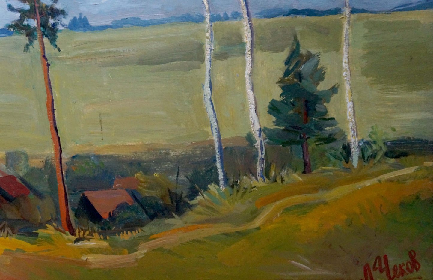 Oil painting by Chekov Leonid Dmitrievich: birch trees, fields, blue sky