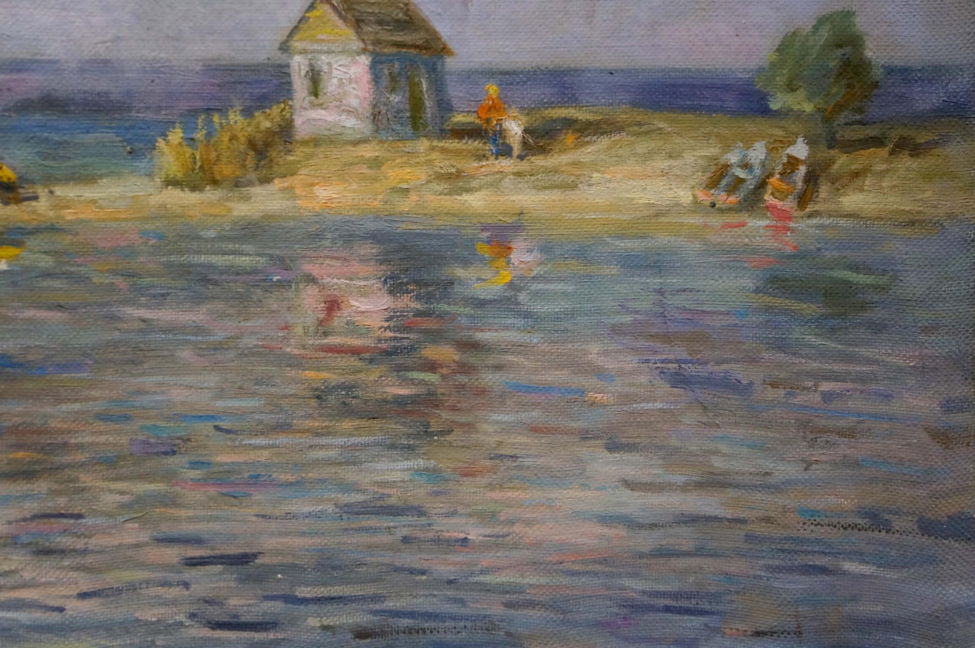 Oil painting of small weathered blue house on bay shore by Kucherov Alexander Alexandrovich