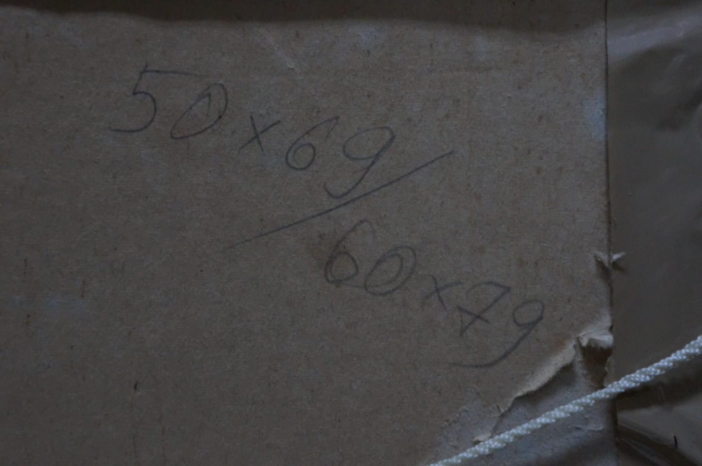 Back of Chekov Leonid Dmitrievich oil painting landscape label with torn beige cardboard and handwritten measurements