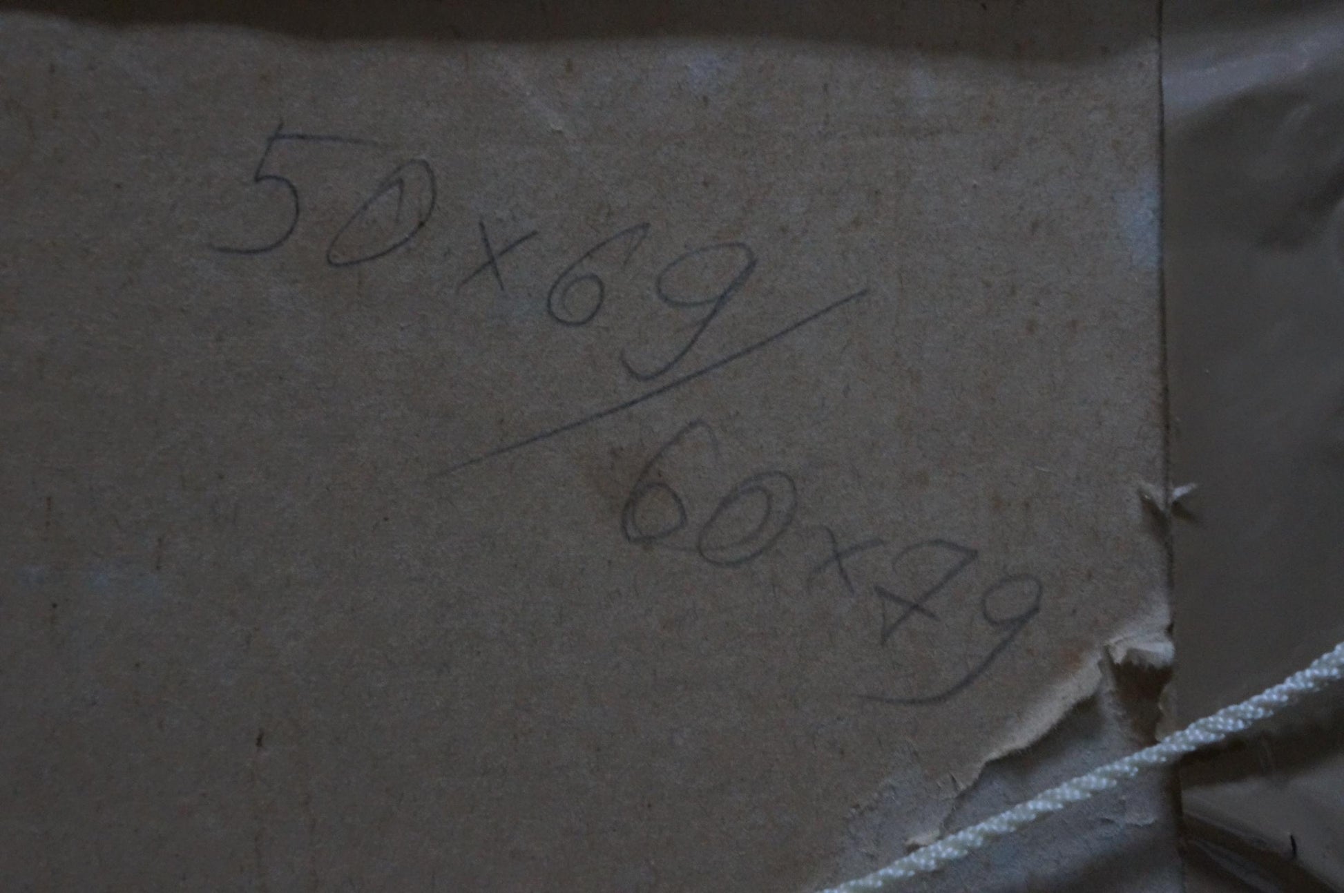 Back of Chekov Leonid Dmitrievich oil painting landscape label with torn beige cardboard and handwritten measurements