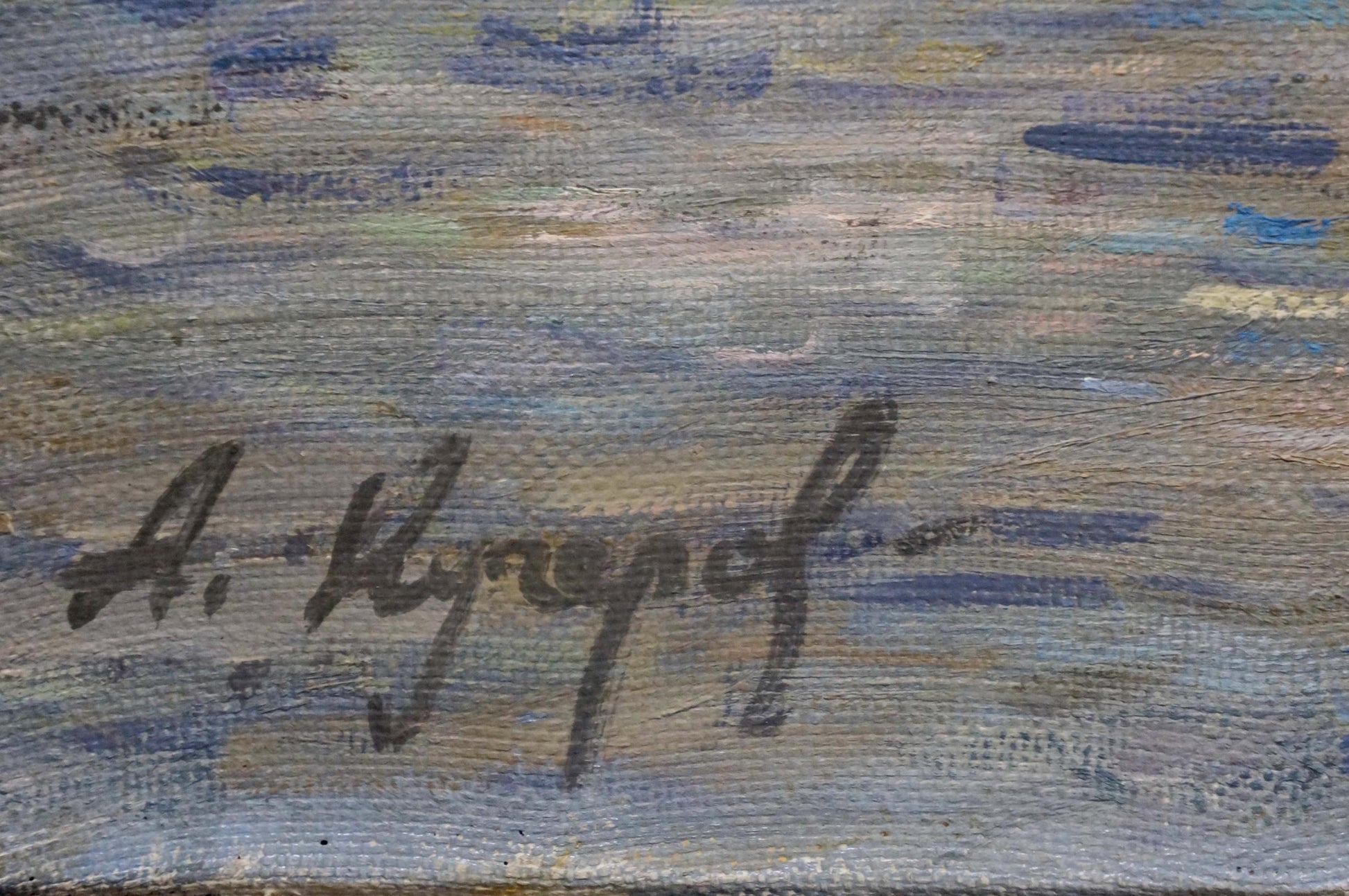 Back of Kucherov Alexander Alexandrovich oil painting with black cursive a. signature