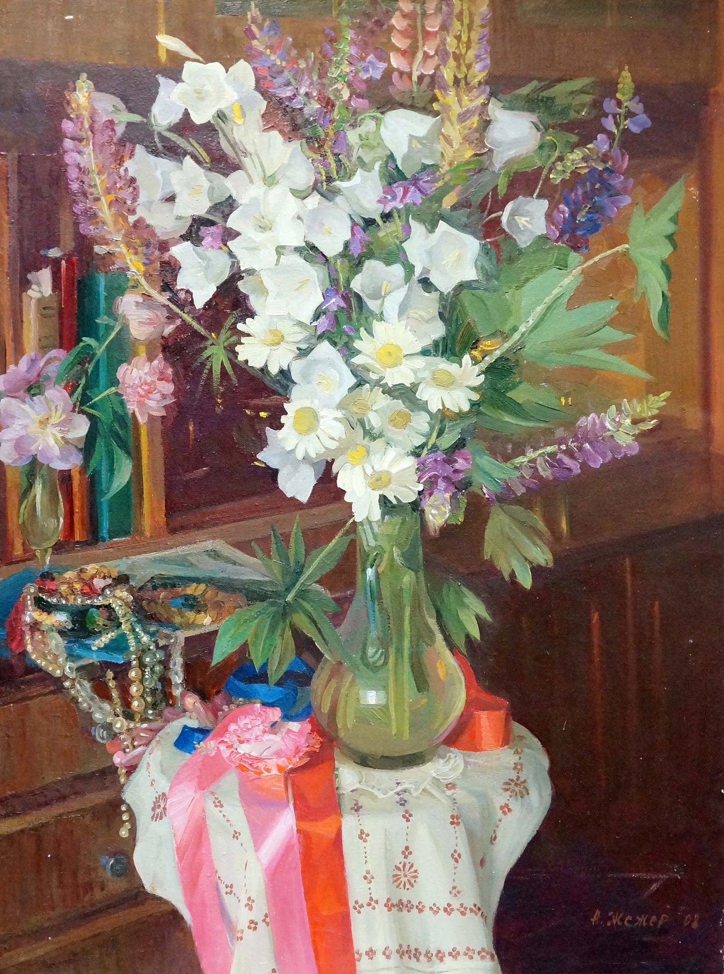 Oil painting of vibrant white purple yellow flowers in green vase by Zhezher Anatoly Mikhailovich