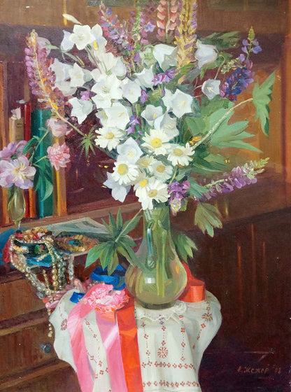 Oil painting of vibrant white purple yellow flowers in green vase by Zhezher Anatoly Mikhailovich