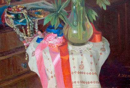 Translucent green glass vase with leaves in Zhezher Anatoly Mikhailovich oil painting