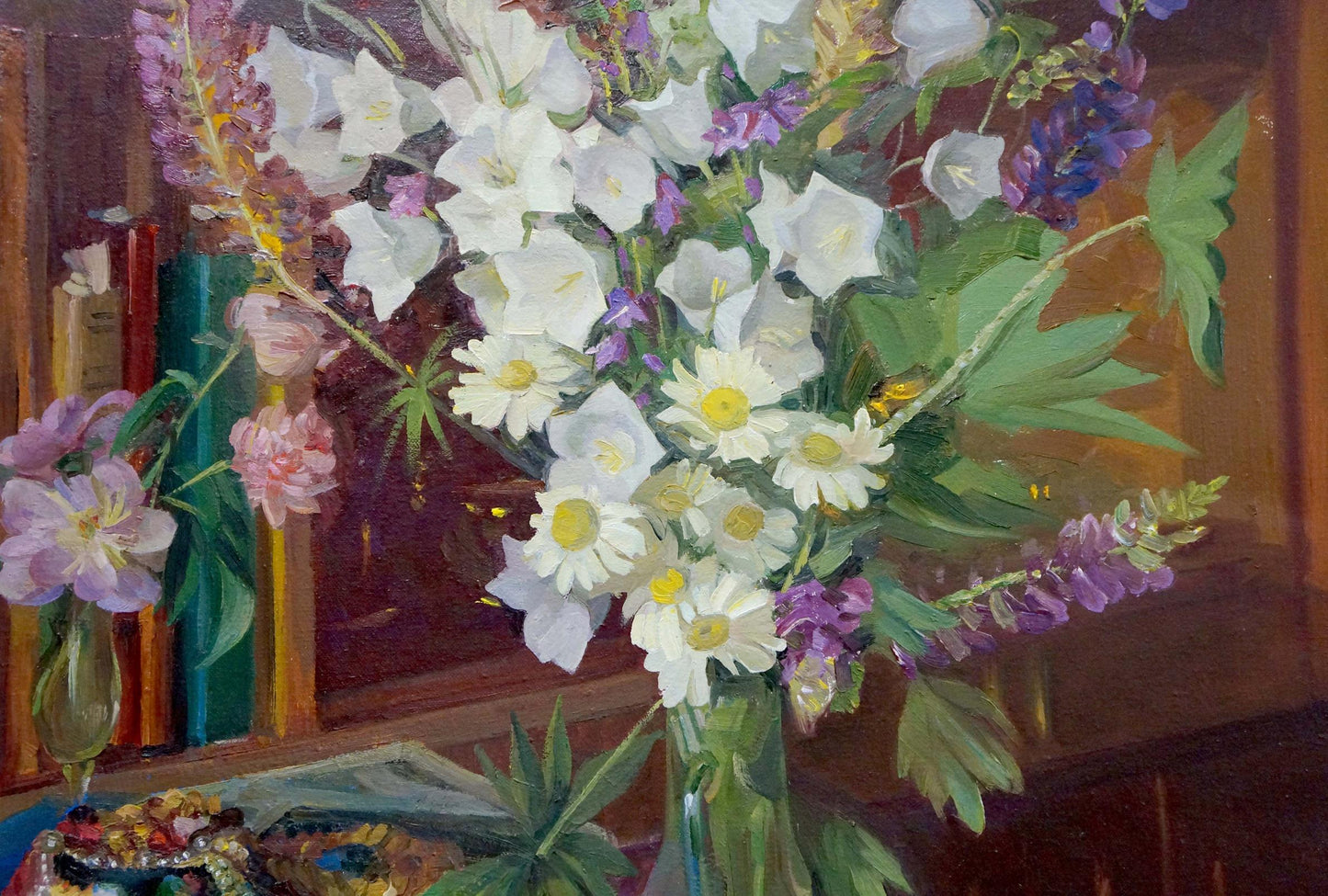 Oil painting of white daisies, purple lupines, pink blossoms by Zhezher Anatoly Mikhailovich