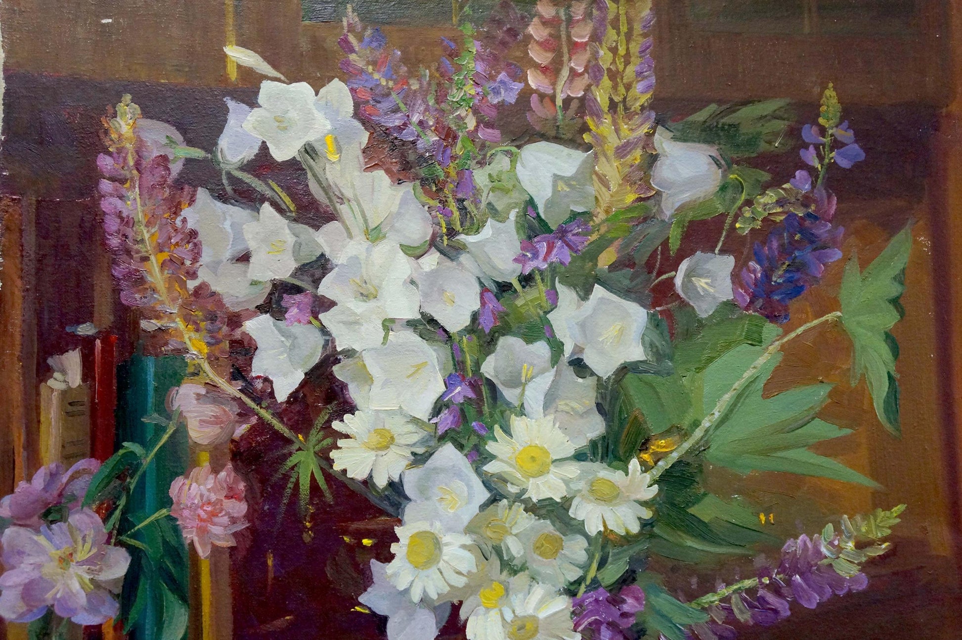 Oil painting of vibrant white purple pink flowers by Zhezher Anatoly Mikhailovich