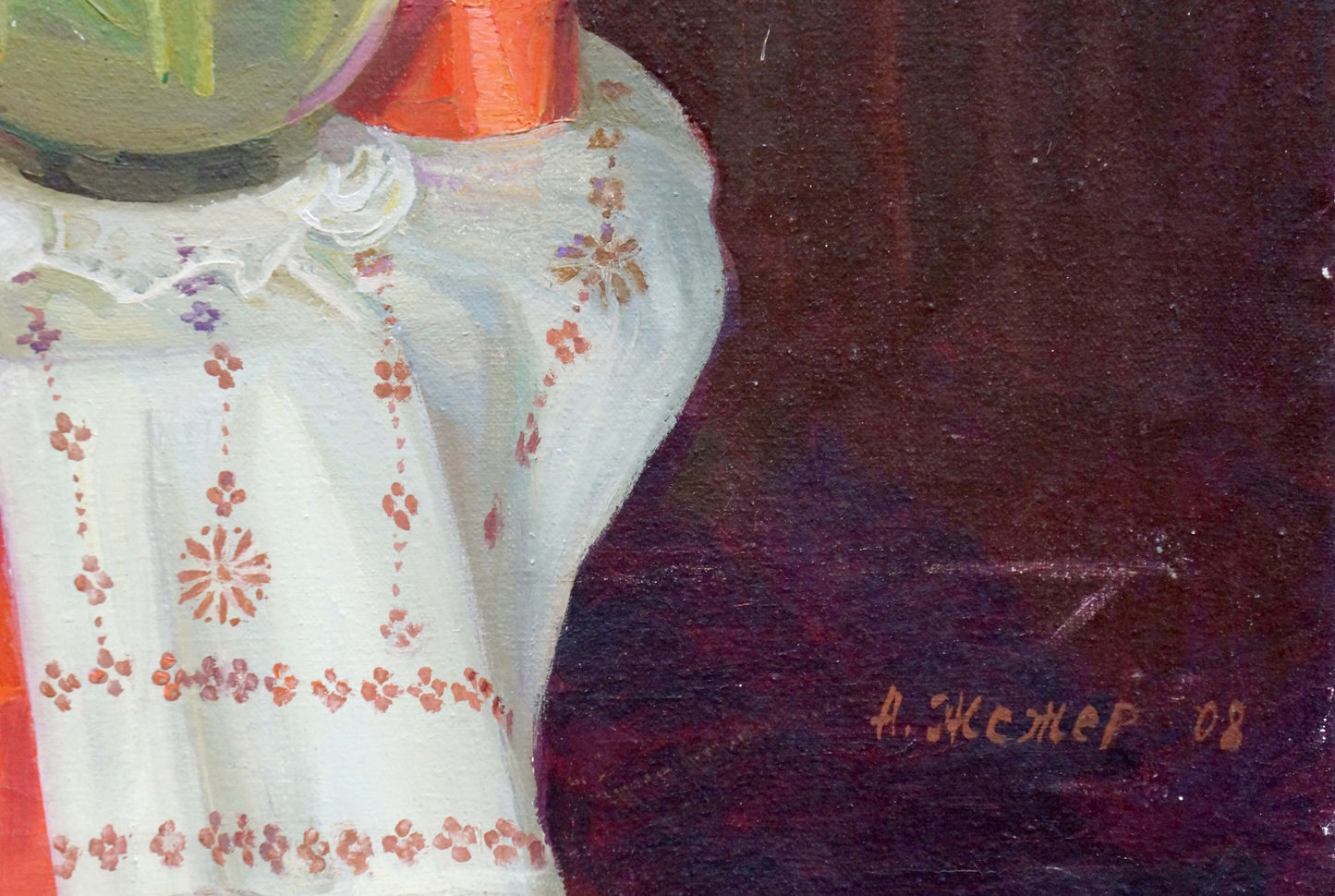 Oil painting Flowers Zhezher Anatoly Mikhailovich on white embroidered tablecloth