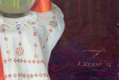 Oil painting Flowers Zhezher Anatoly Mikhailovich on white embroidered tablecloth