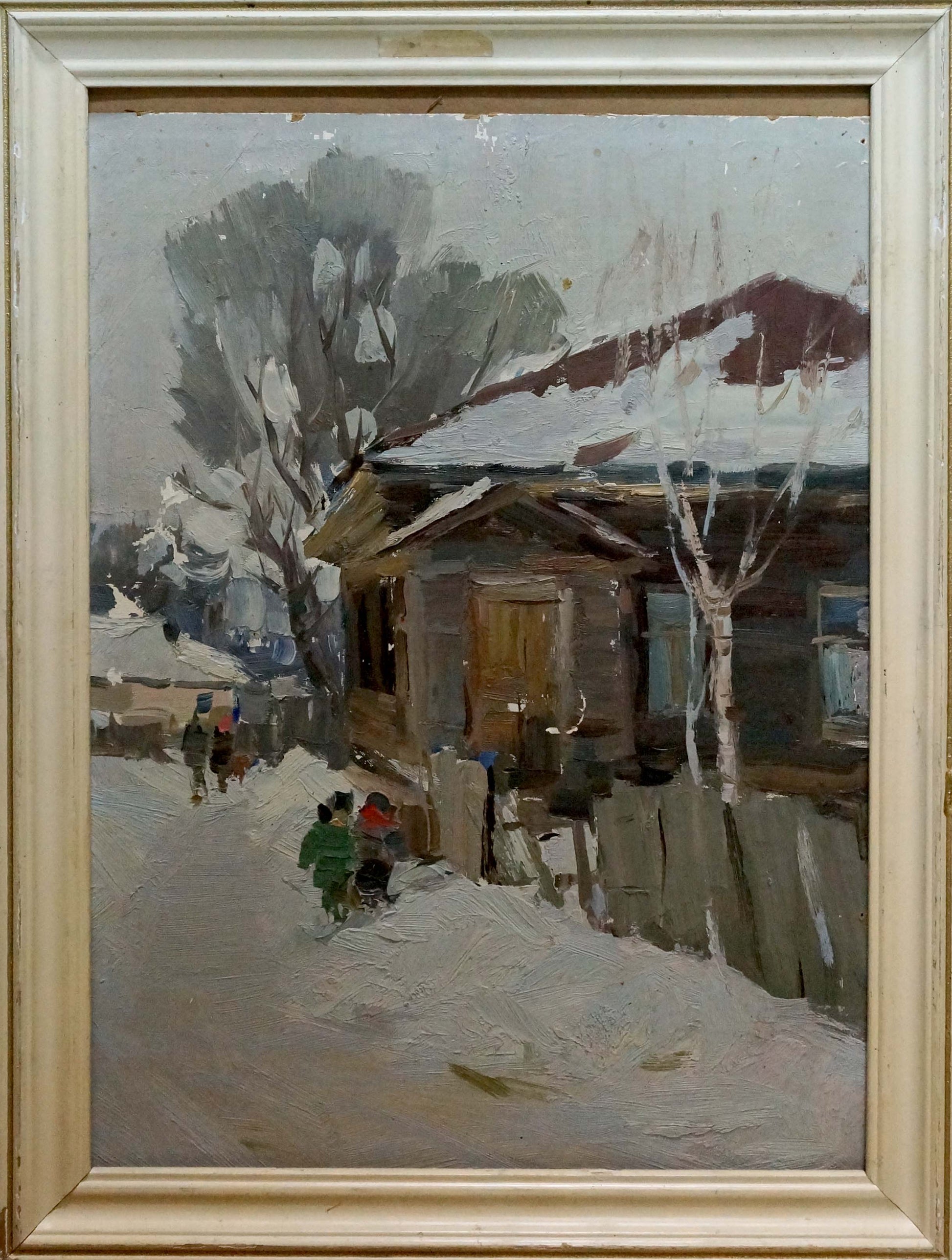 Framed oil painting by Andreev Nikolay Andreevich: snowy village with house and trees