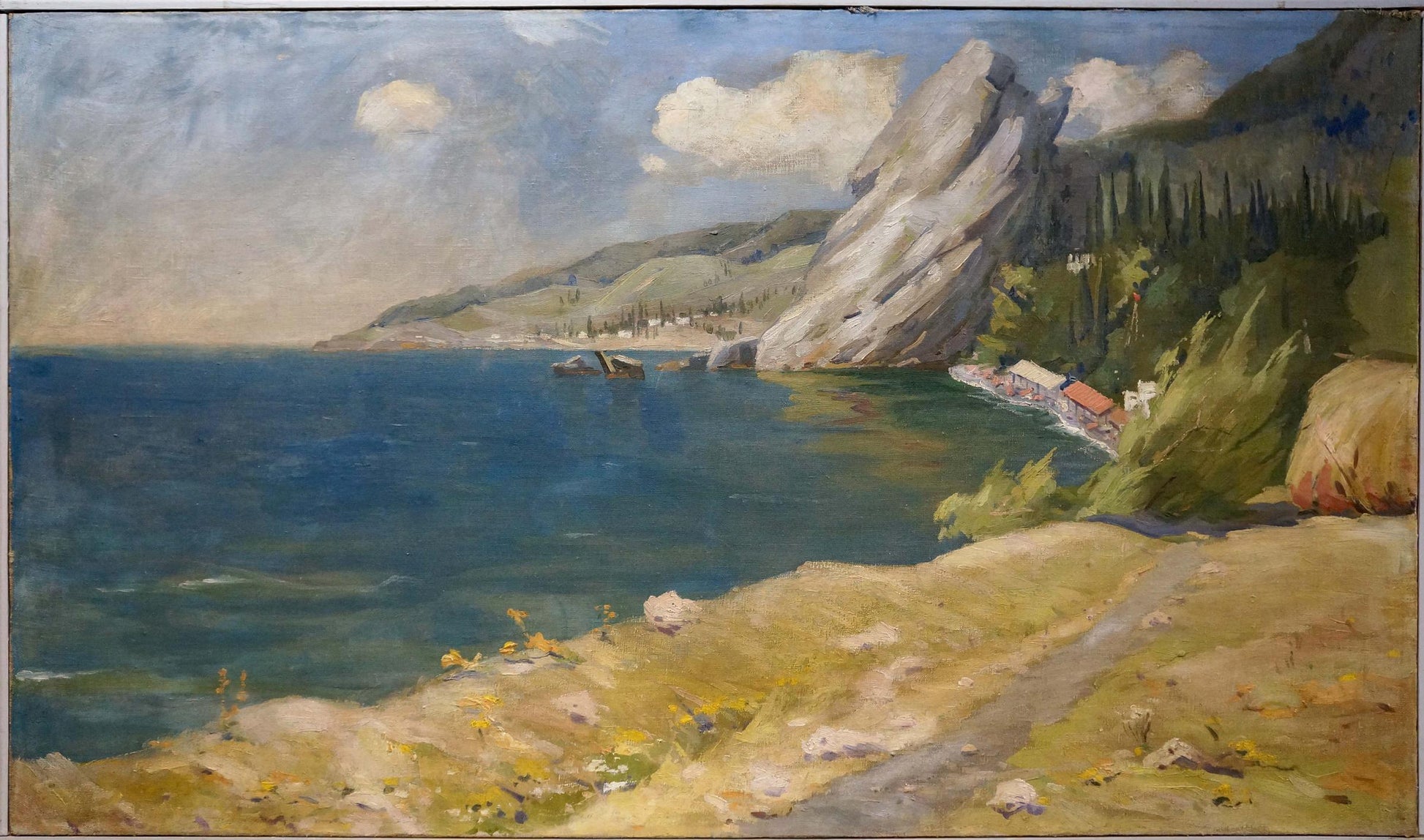 Serene oil painting of coastal walk with blue sea, white cliffs, green hills
