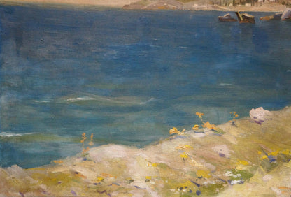 Serene oil painting of sunlit rocky seashore with blue sea and yellow wildflowers