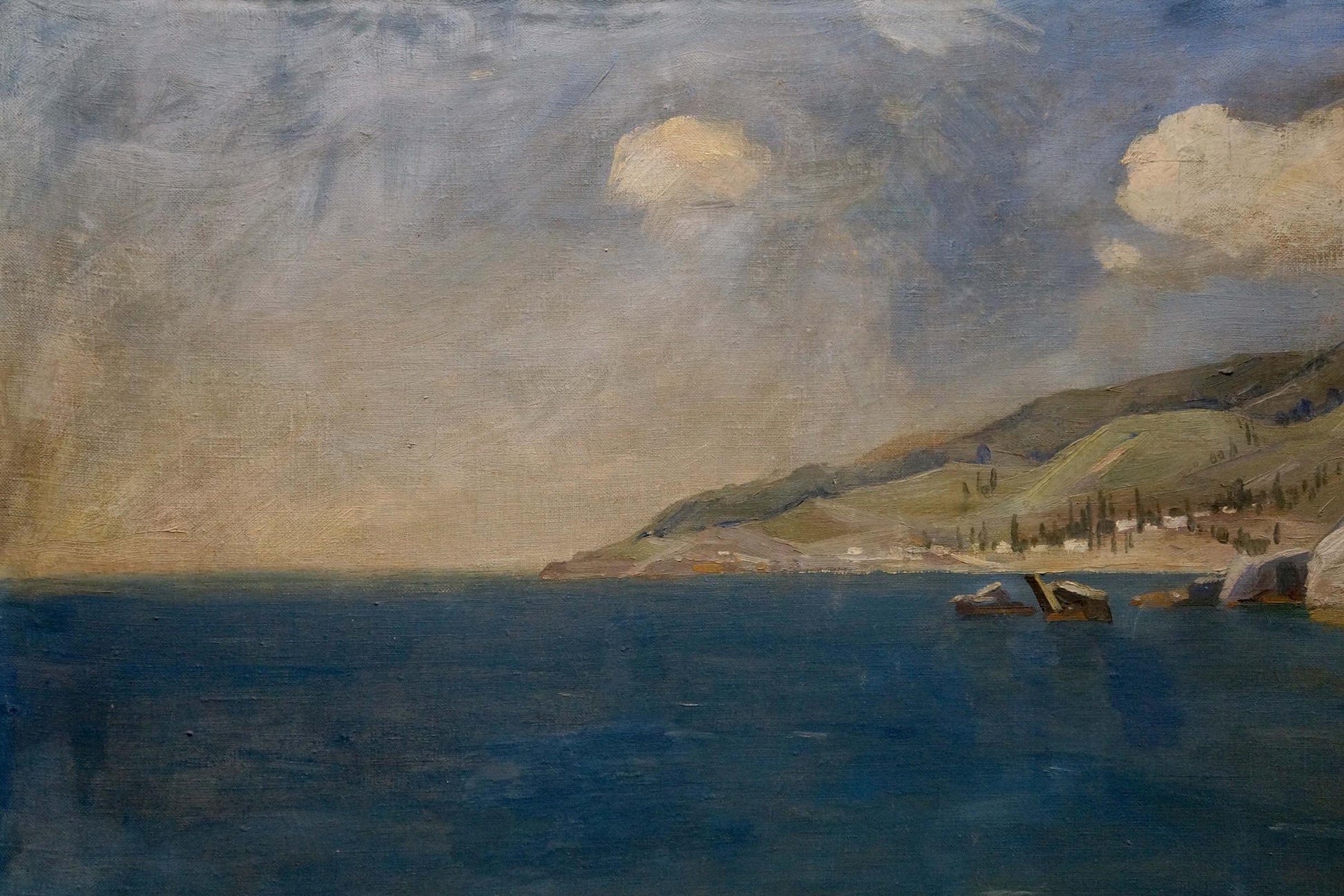 Oil painting Walk near the seashore: serene coastal landscape with blue sea