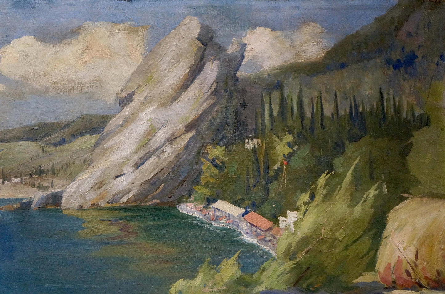 Oil painting Walk near the seashore: gray rock by calm sea, green hills, cypresses