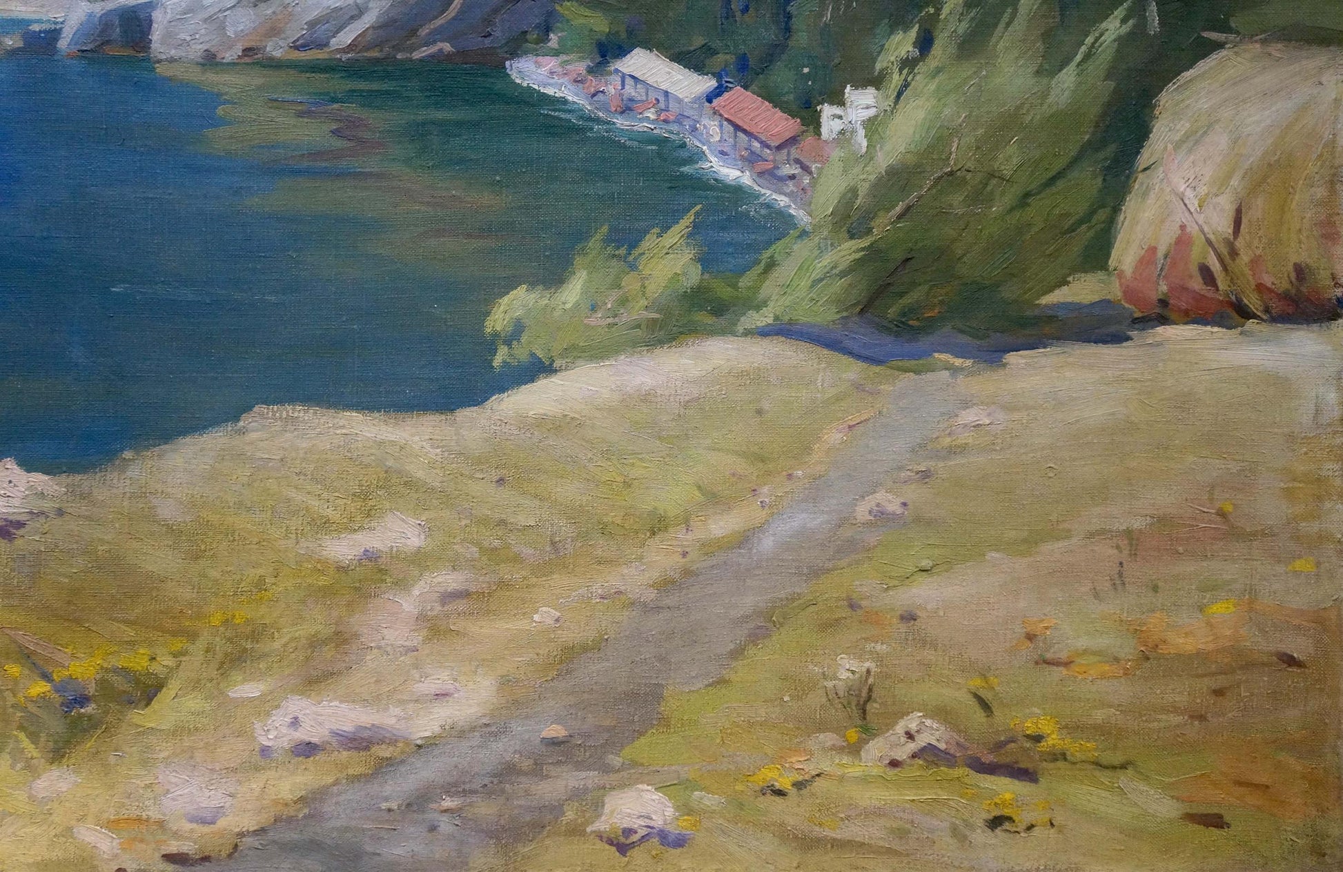Oil painting Walk near the seashore: coastal path to cliffside houses by blue water