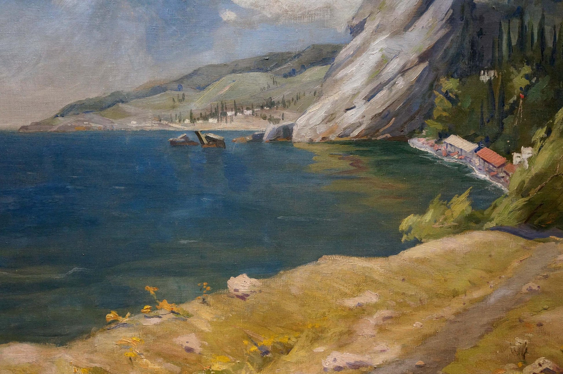 Serene oil painting of walk near seashore with blue water and cliffs