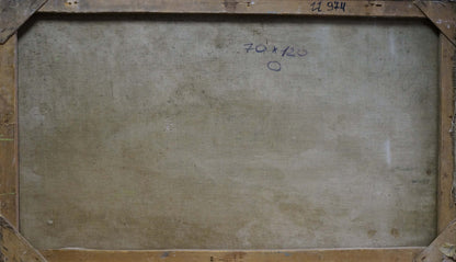 Back of framed oil painting Walk near the seashore with beige canvas