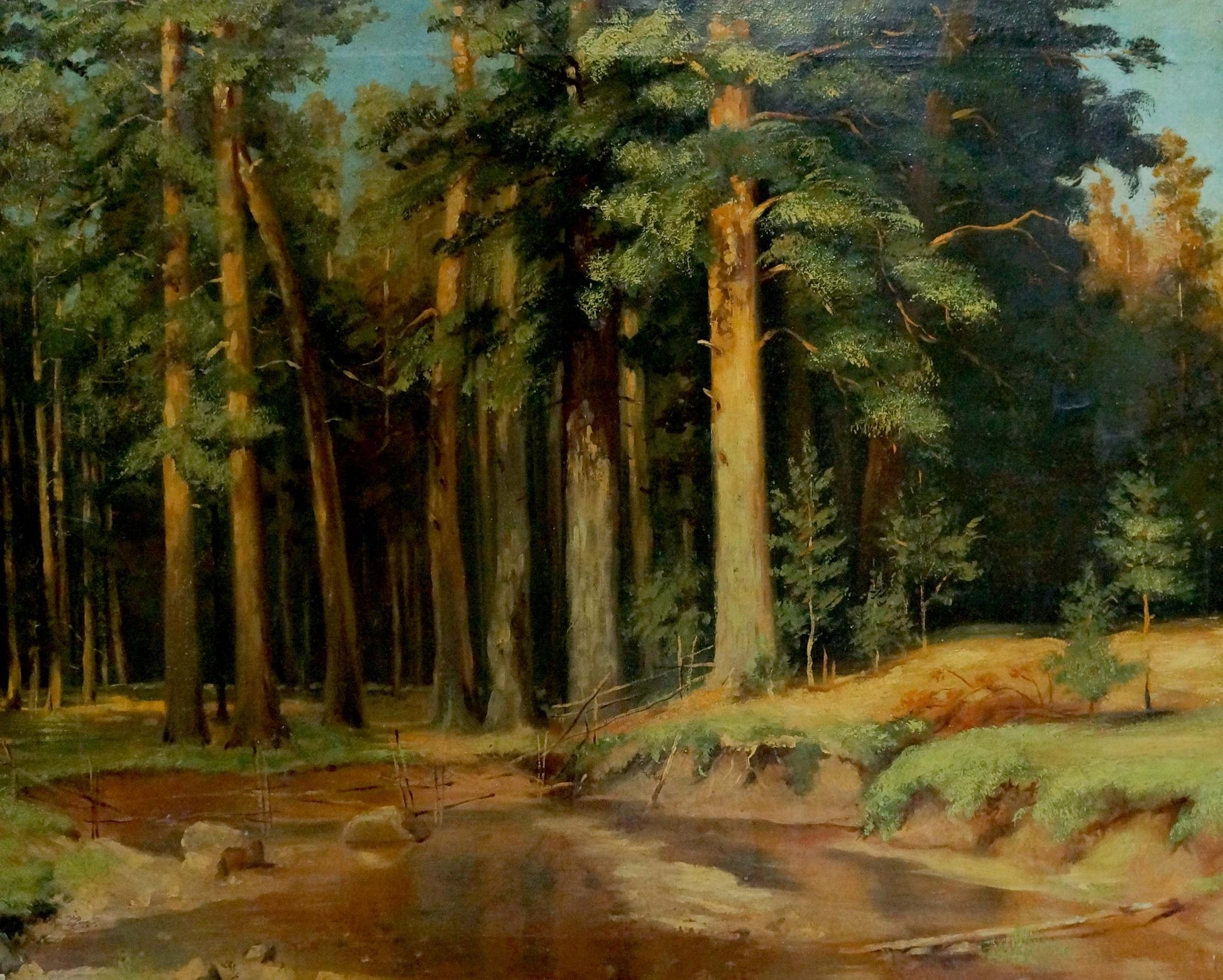 Oil painting of dense forest with tall pines by serene stream