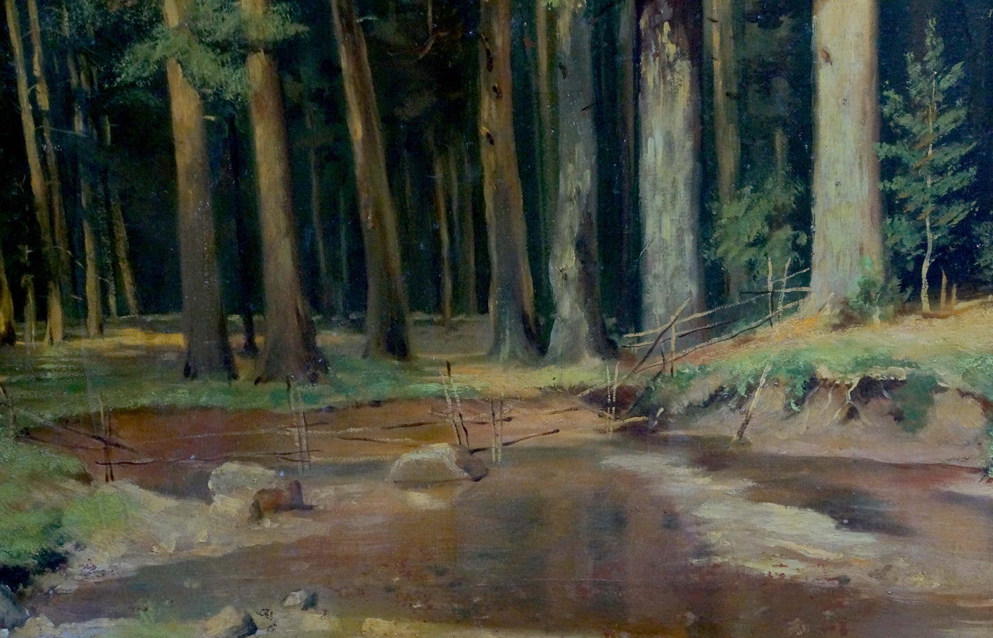 Oil painting Dense forest with tall textured trees and reflective stream