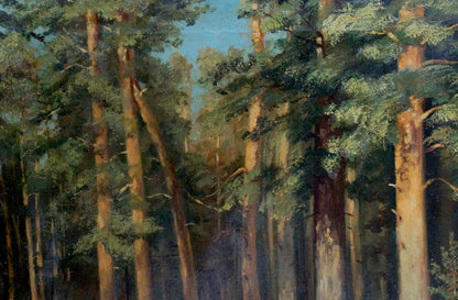 Impressionistic oil painting of dense forest with tall pine trees