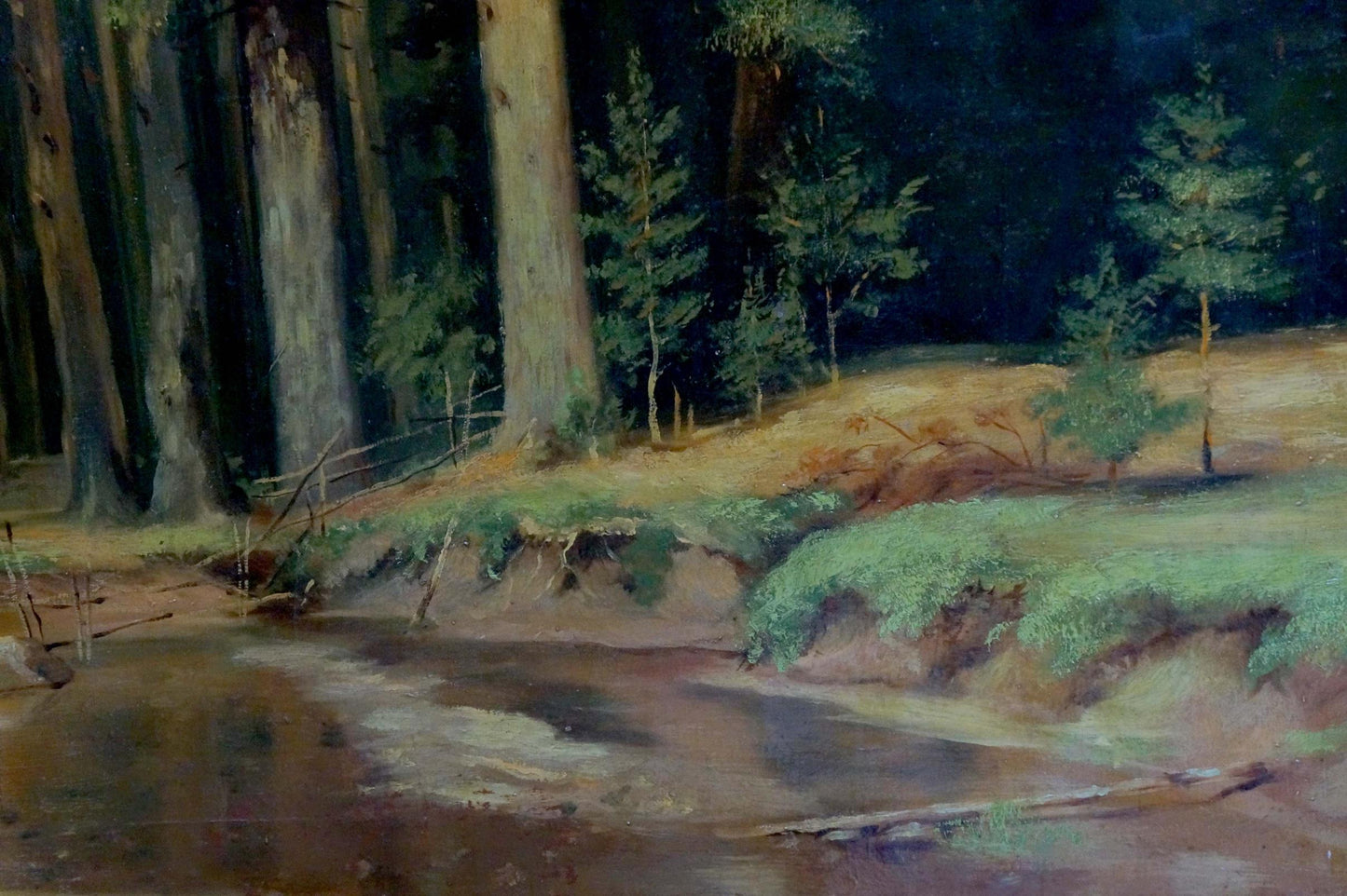 Oil painting of dense forest with impressionistic trees and streambed
