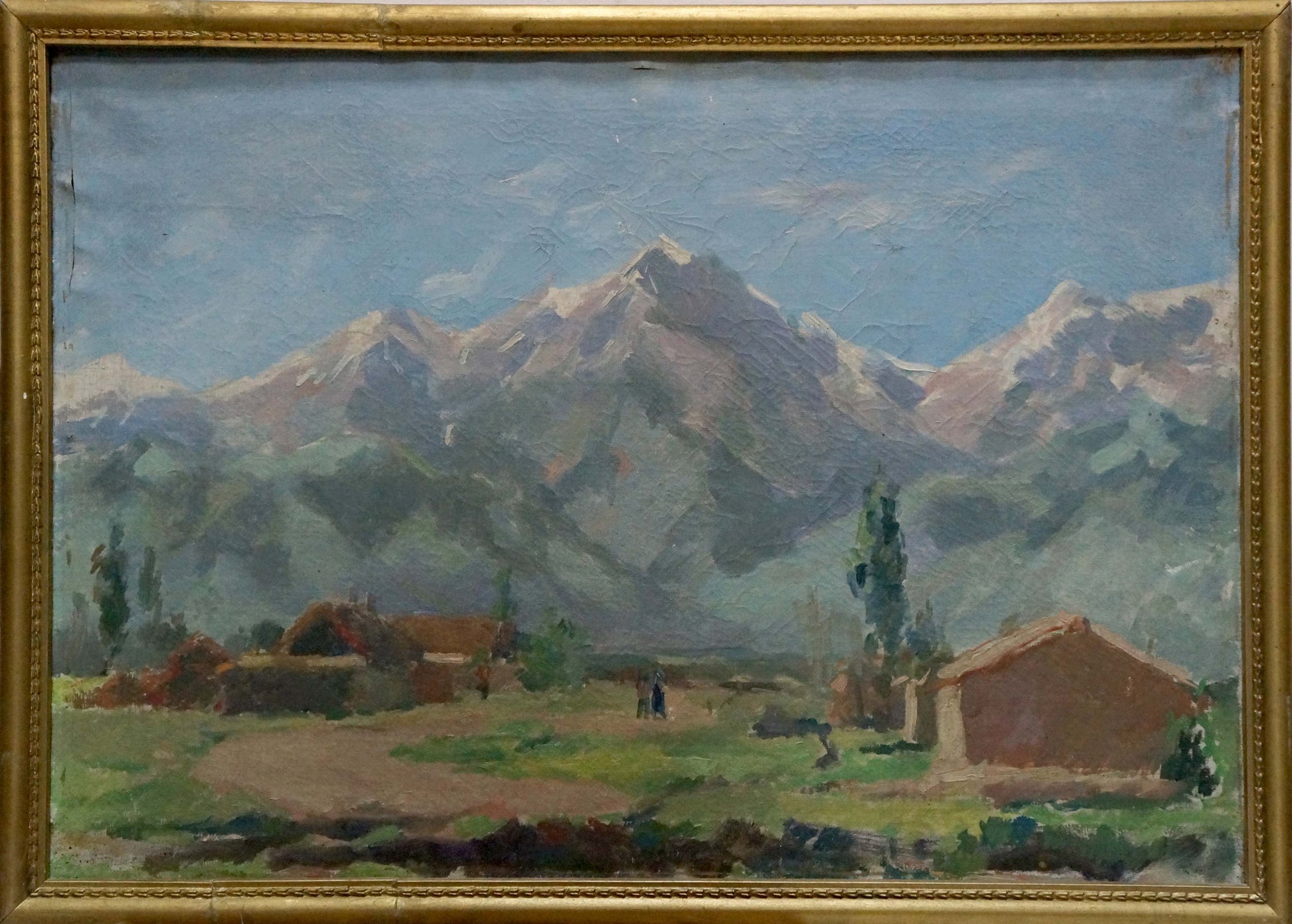Oil painting of snowy mountain landscape with rustic buildings