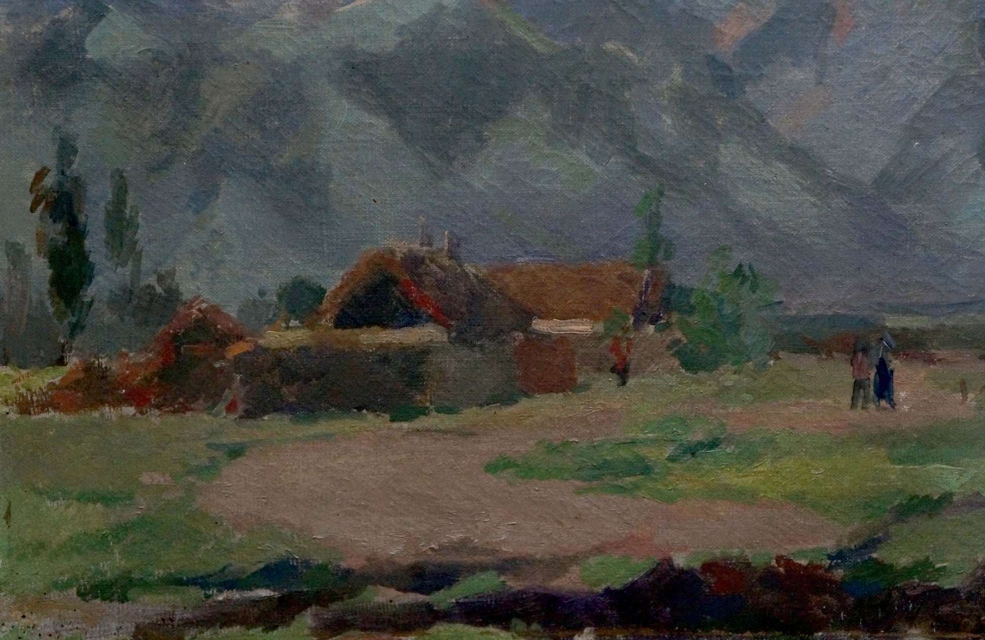 Rustic oil painting of thatched cottage in mountain valley landscape