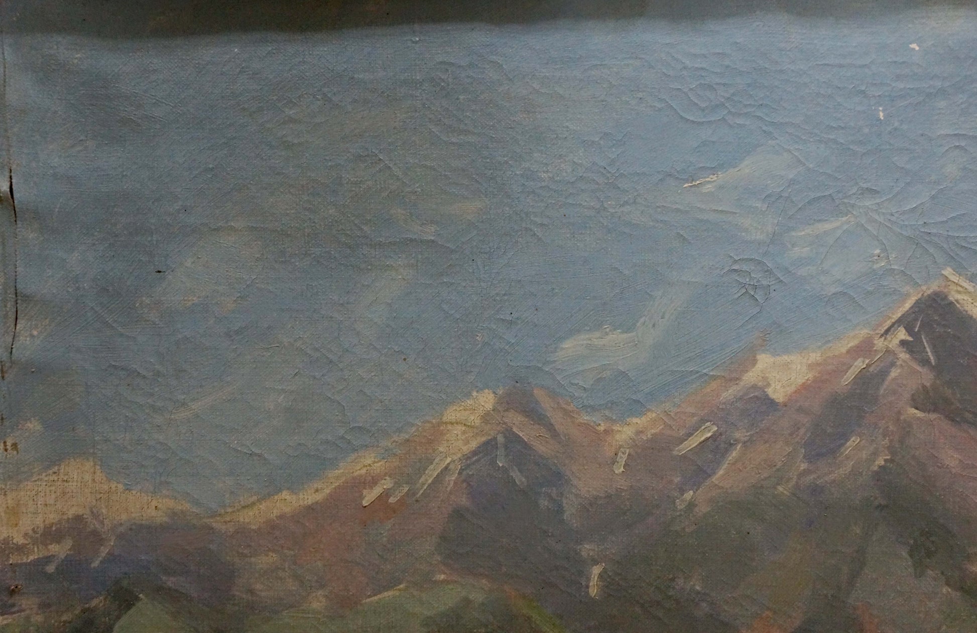 Oil painting of rugged mountain peaks under vast impressionistic sky