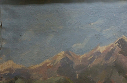 Oil painting of rugged mountain peaks under vast impressionistic sky