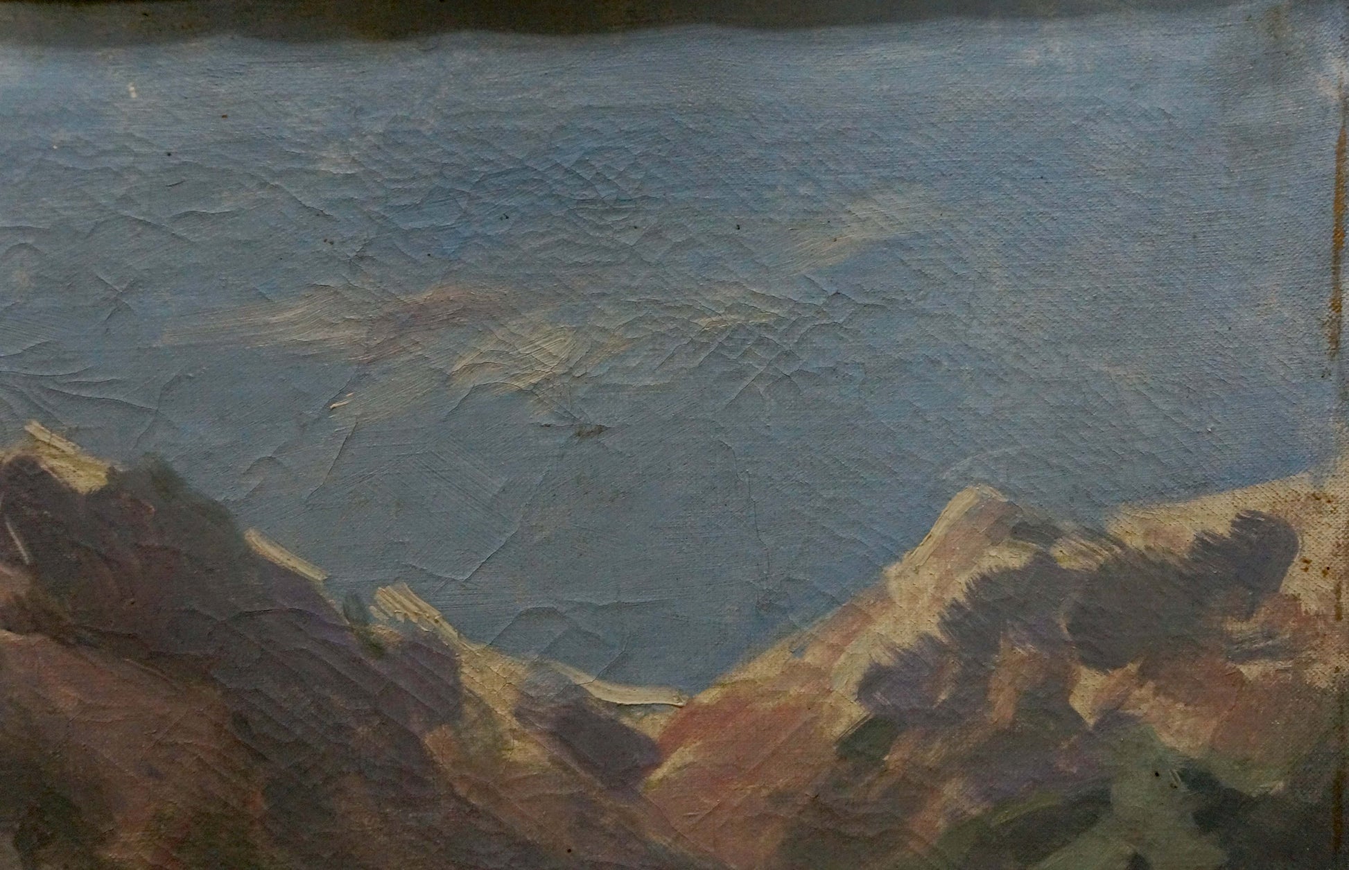 Oil painting of rugged mountain landscape in earth tones under blue sky