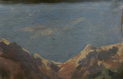 Oil painting of rugged mountain landscape in earth tones under blue sky