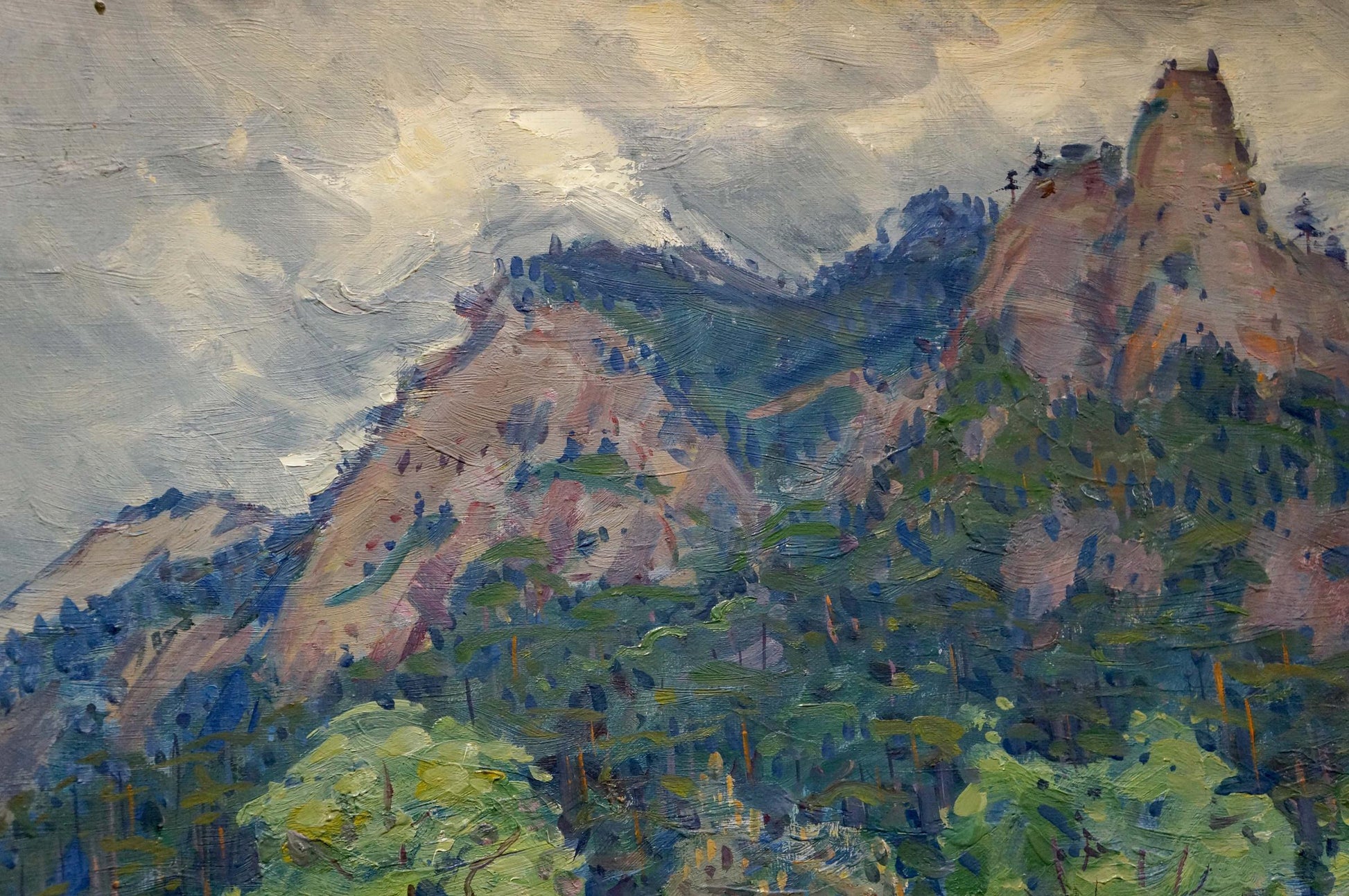 Oil painting Glade by Tyukha Ivan Andreevich: rugged rocky mountains, forests