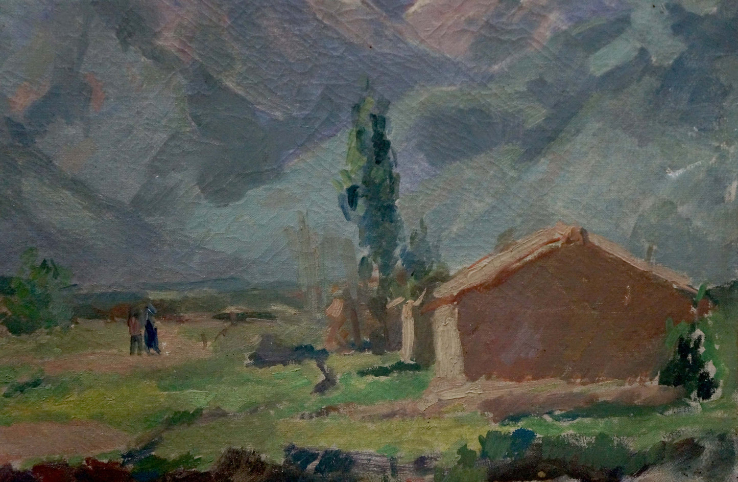 Oil painting of rustic brown clay house with sloped roof in green field under misty mountains