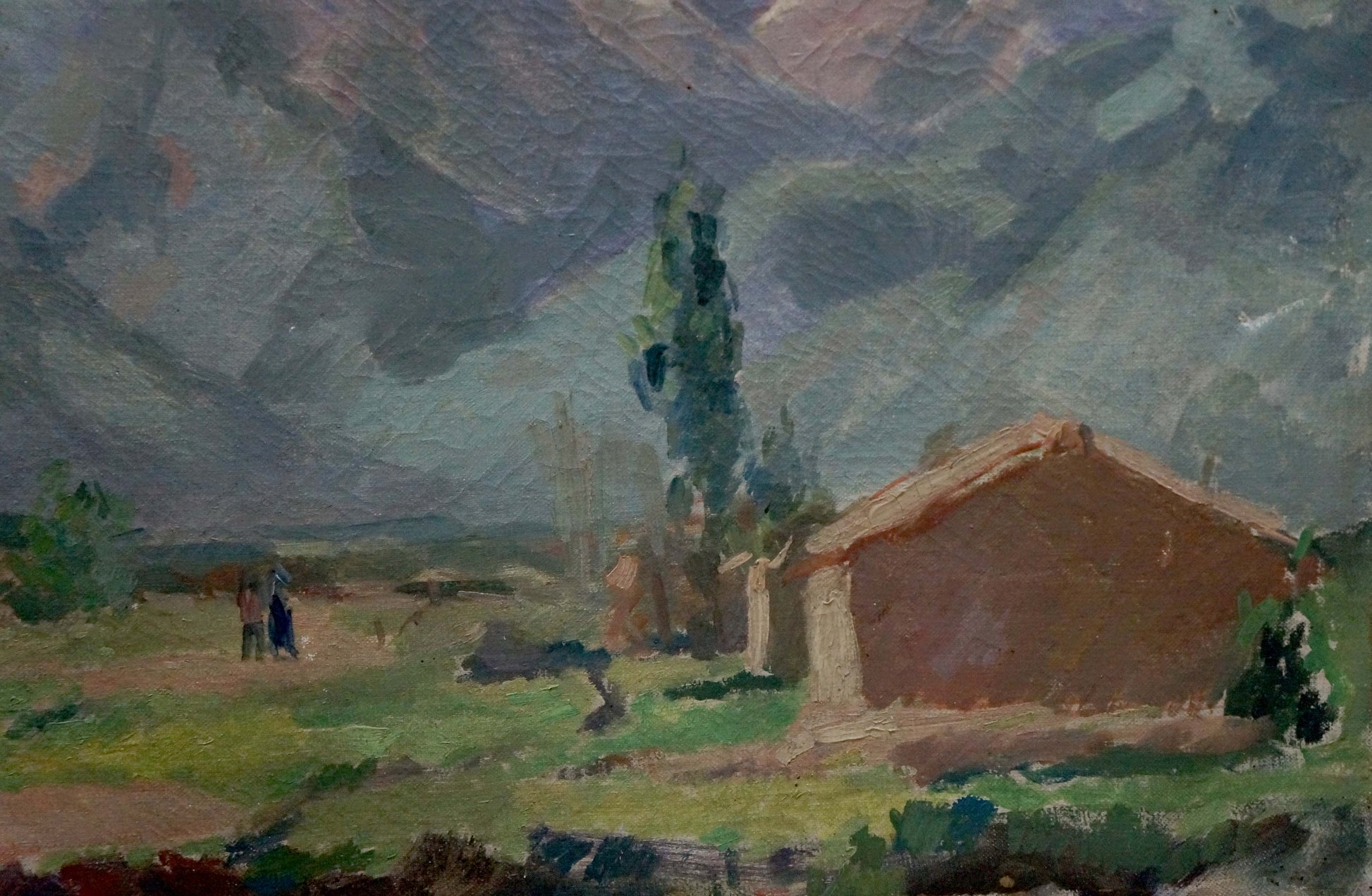 Oil painting of rustic brown clay house with sloped roof in green field under misty mountains