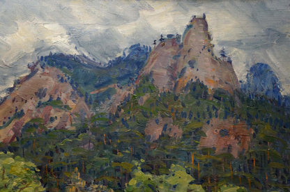 Oil painting Glade by Tyukha Ivan Andreevich: rugged reddish-brown mountains, green forests