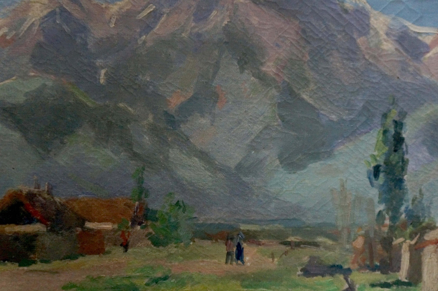 Oil painting of mountainous landscape with rustic wooden structures and sparse trees